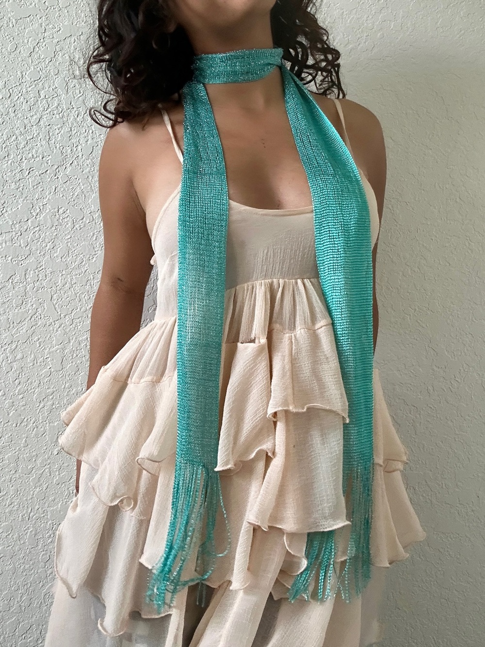 Turquoise Metallic Fringe Scarf